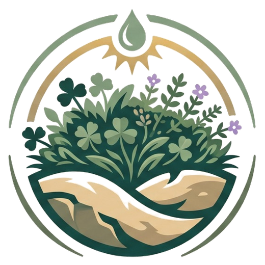 Xerba Lawn: clover and herbs growing on dry ground under a sun and a single drop of water